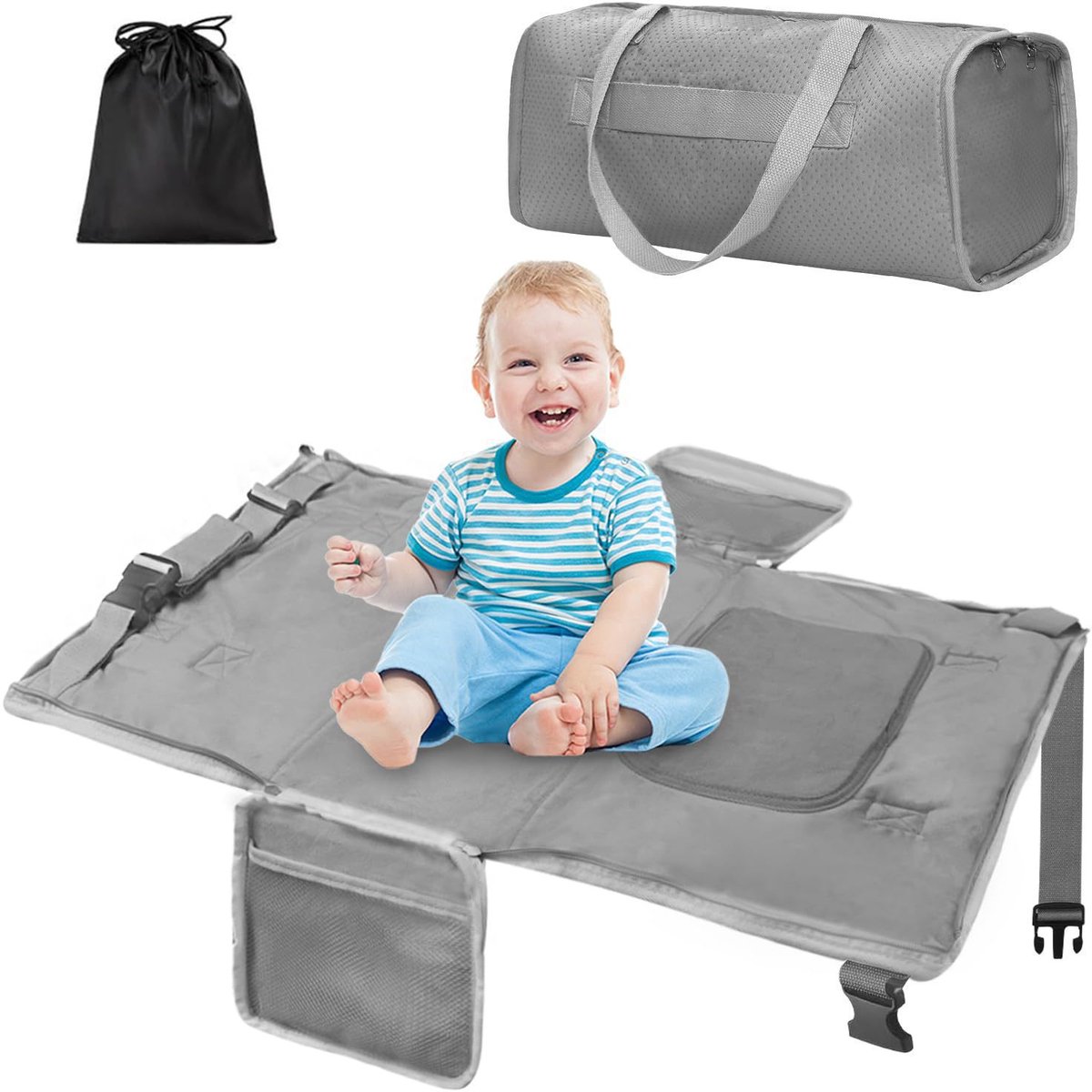Kindervoetsteun voor in het vliegtuig, 76×42cm Zwart, Kinderbedje voor in het vliegtuig, Draagbaar babybedverlengstuk, Lichtgewicht en opvouwbaar, Liggen en rusten, voor autoritten, korte reizen, Grijs