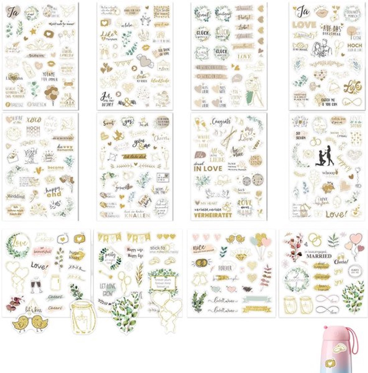 Stickers Vintage - 12 Vellen Decoratieve Bruiloft Stickers - Scrapbook Accessoires - Waterdicht - Retro Boho Stijl - Voor Gastenboek en Cadeauversiering - Decoratiestickers