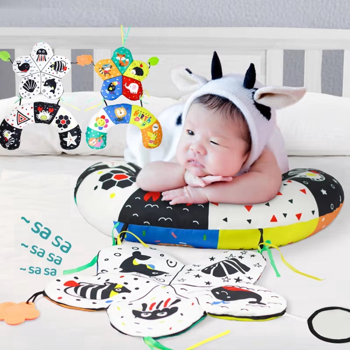 Casalora – Baby Tummy Time Kussen met Speelgoed – Oceaan Thema – Zwart Wit Hoog Contrast – Montessori Babyspeelgoed – Sensorisch Speelgoed voor Pasgeborenen – 0-6 Maanden / 6-12 Maanden / 12-18 Maanden