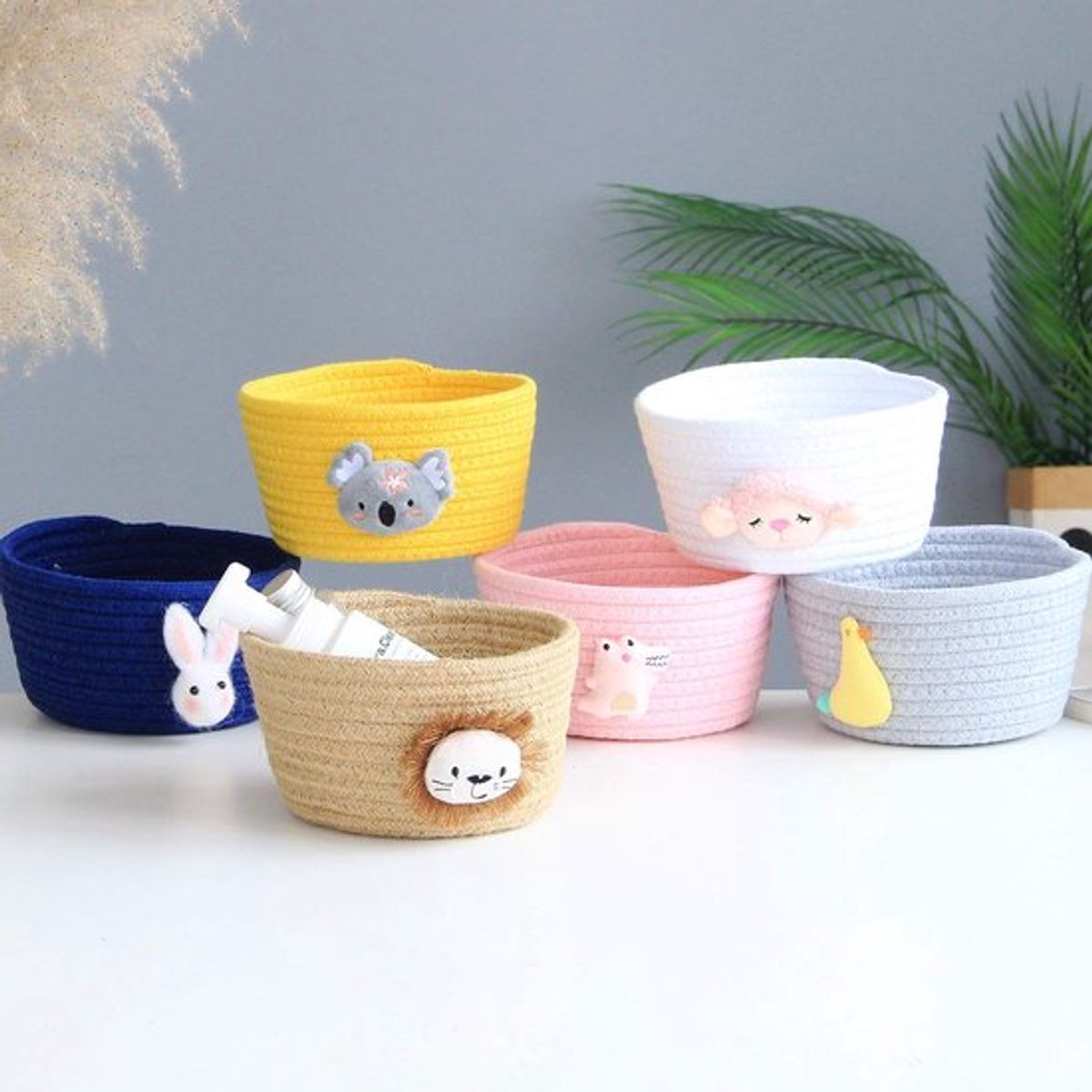 Opbergmand Geweven Katoen - Multifunctionele Opbergruimte - Schattig Dierendesign - Bureau-organizer - Zacht en Milieuvriendelijk - Diameter 16 cm, Hoogte 9 cm - Opbergdoos