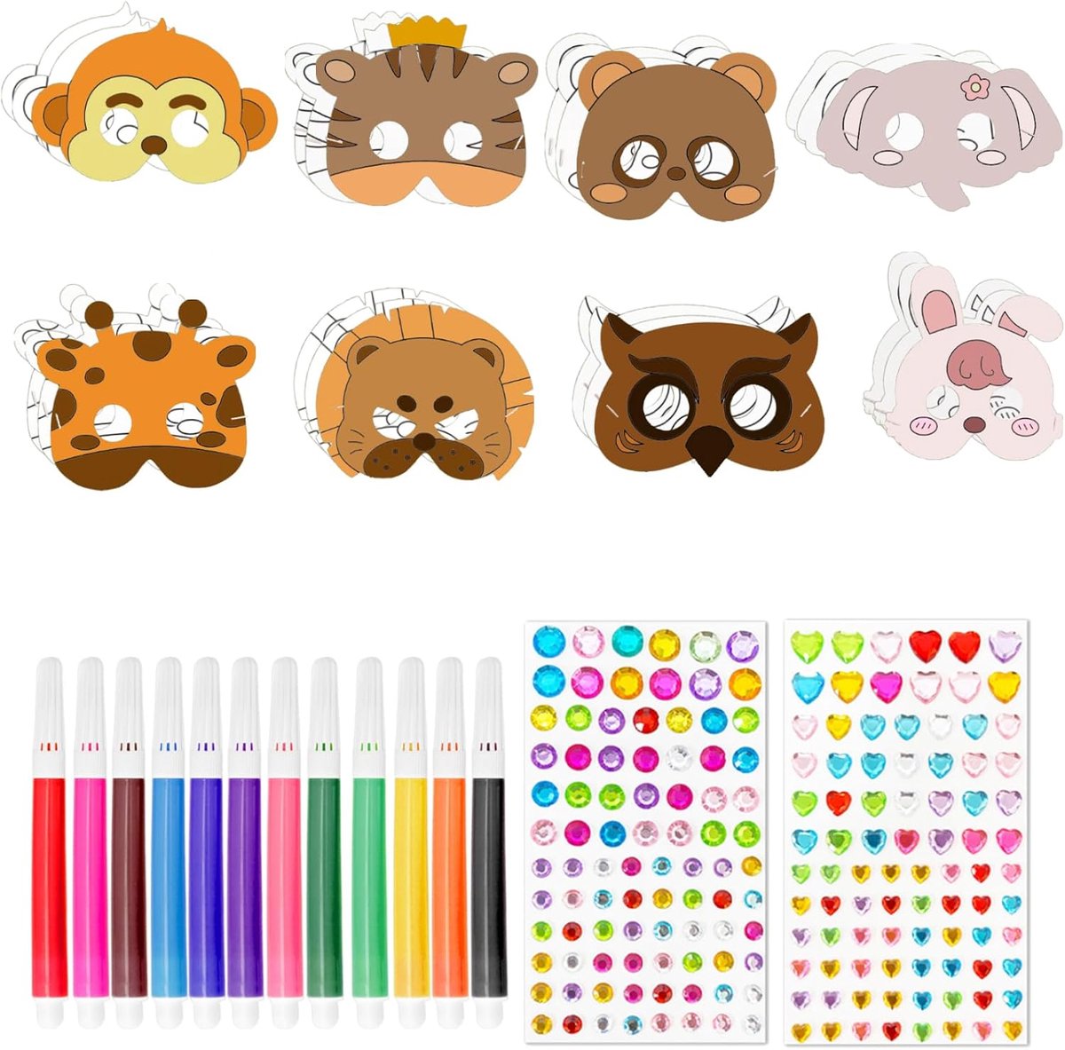 Verfset voor kinderen - 24 diermaskers - inclusief 176 strass-steentjes - creatief kleurplezier voor verjaardagen - ShopVlot