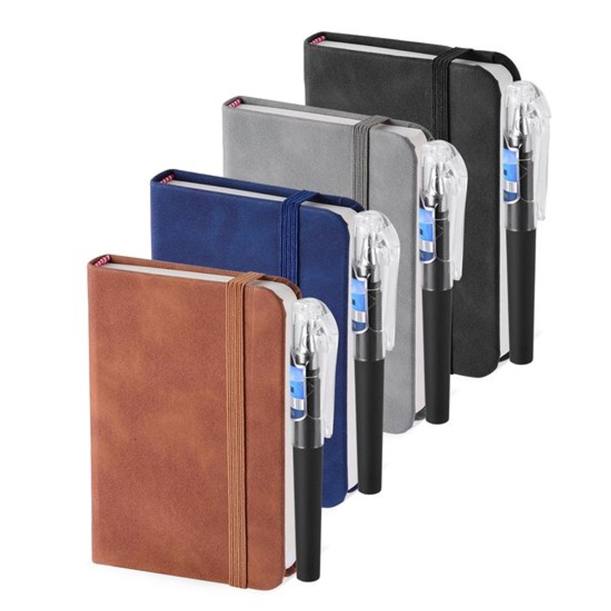 ZWQLZG 4 stuks Notitieboek A7, klein notitieboek met 4 pennen, notitieblok A7 blanco met elastiek 11,1 × 7,5 cm, 100 vellen dik papier, zaknotitieboeken van PU-leer voor school, werk en vergaderingen