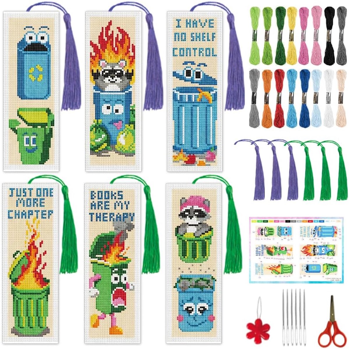 Bladwijzers set - geborduurde cartoon motieven - 6 stuks met wasbeer en vuilnisbak - perfect voor lezers - ShopVlot
