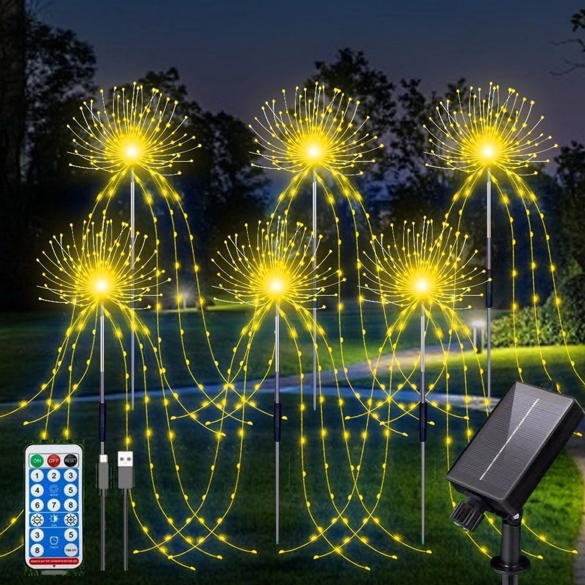 6 Pack 720 LED Outdoor Solar Ground Inserted Warm Light Fireworks Lights with Remote Control, Waterproof Solar and USB - ShopVlot