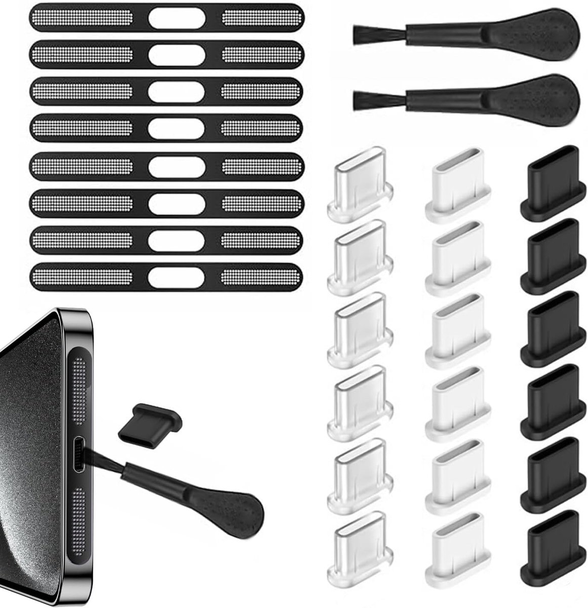 8 Stuks Usb-C Stofhoezen, 18 Stuks Stofdichte Mesh-Stickers Voor Luidsprekers, 2 Stuks Mobiele Telefoonborstels - ShopVlot