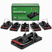 Zes zwarte rattenvallen met rode accenten, op display met "RATTENVAL 6X".