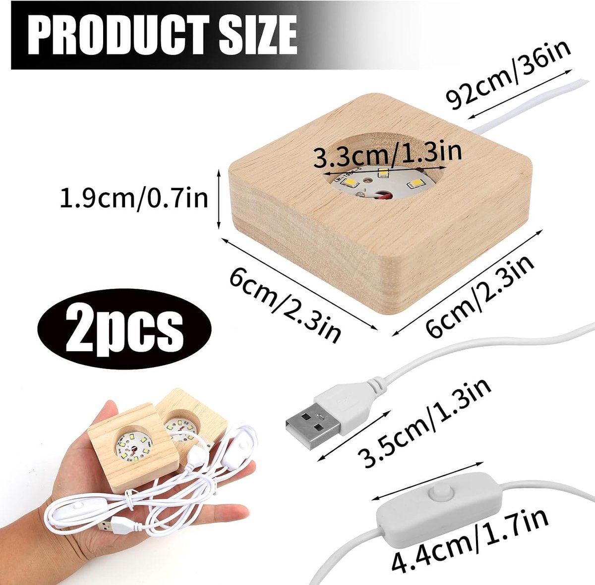Pack 2 Houten LED Display Base Kristal Glas Light Base Powered Light Stand voor Kristal, Warm Licht Vierkant USB Glas - ShopVlot