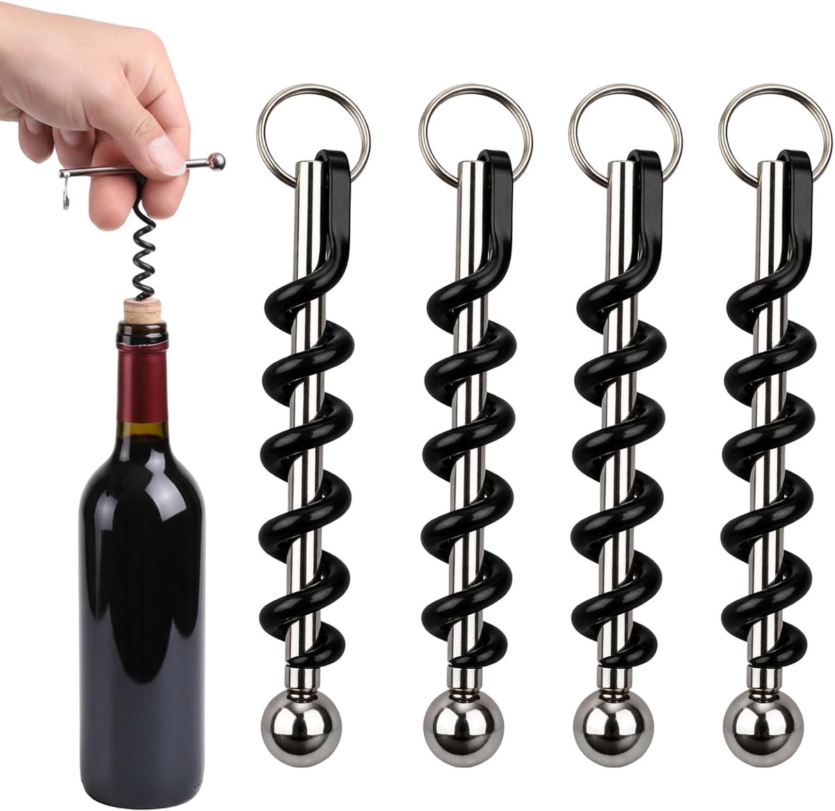 Flesopener, sleutelhanger, 4 stuks, roestvrij stalen kurkentrekker, mini & handig voor outdoor en feestjes - ShopVlot
