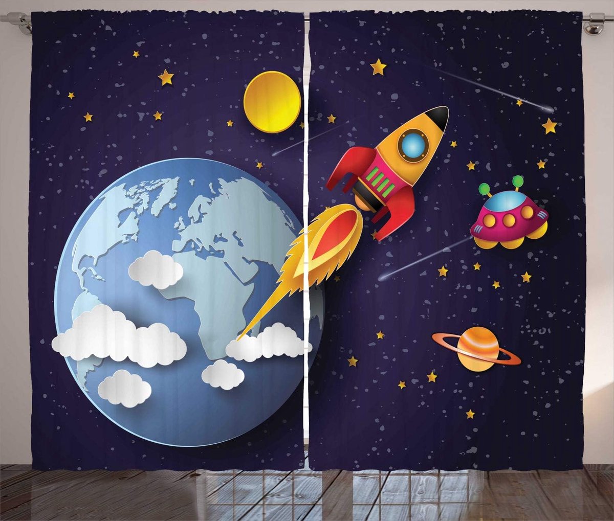 ABAKUHAUS Space Curtains, Rocket Earth Stars UFO, Living Room Bedroom Window Curtains 2 Piece Set, 280 x 175 cm - ShopVlot