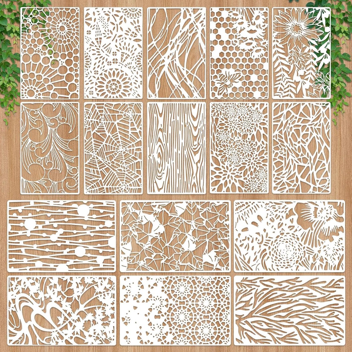 Herbruikbare sjablonen 11 x 7 inch - gemengd houtnerf - 16 unieke ontwerpen - stimuleert creativiteit - ShopVlot
