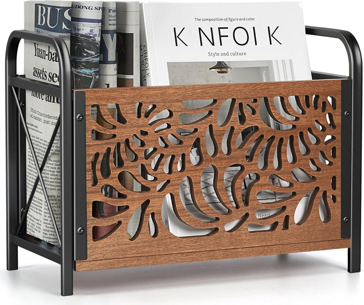 Houten Krantenrek - Moderne Tijdschriftenhouder met Elegant Skeletpatroon - Magazine Opberger en Opslagmand voor Kranten, Catalogi en Boeken - Stijlvolle Organizer voor Woonkamer, Kantoor en Entree - 33 x 26 x 17 cm