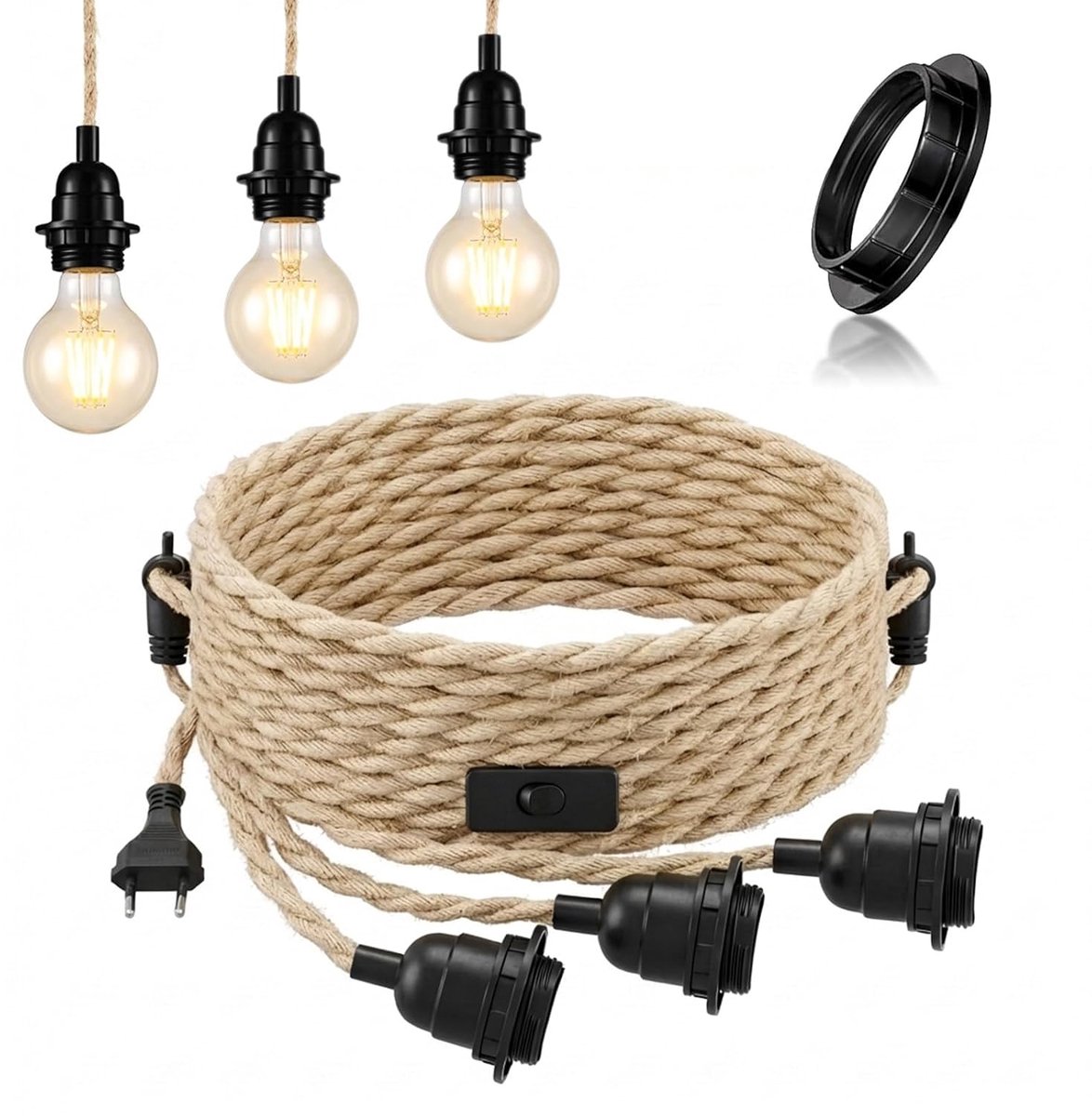 Hanglampset met 3 lampen - vintage henneptouw - schakelaar - ideale DIY verlichting - ShopVlot