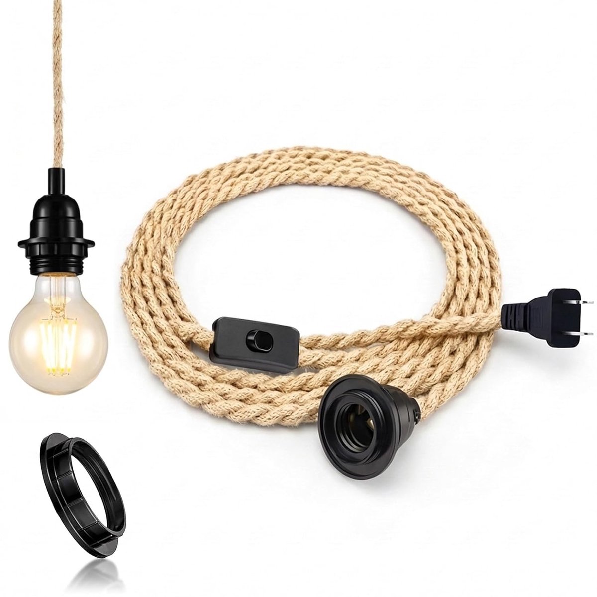 Hanglampset met schakelaar - 5,1 m henneptouw - E27 fitting - ideale DIY oplossing voor boerderij - ShopVlot