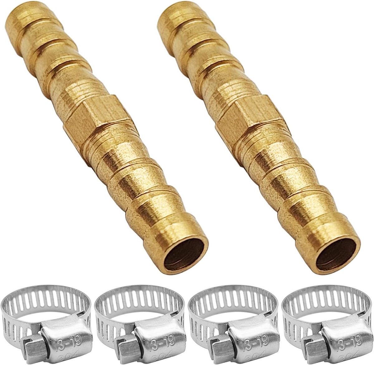 Messing slangkoppelingen reparatieset 1/4" (6 mm) - 2 stuks weerhaak splicer - met roestvrijstalen buisklemmen - ShopVlot