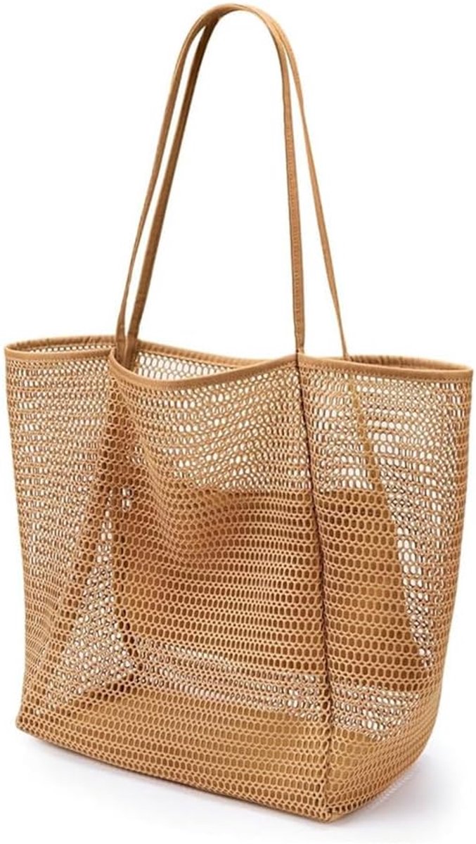 Strandtas dames groot - gehaakt bruin - opvouwbaar en licht - ideaal voor strand en shoppen - ShopVlot