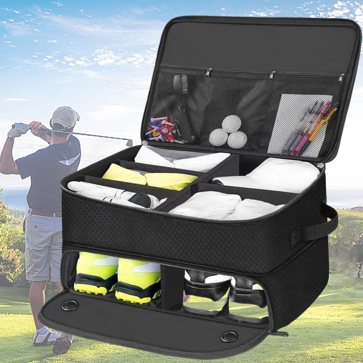 Golf trunk organizer - grote capaciteit - geventileerde compartimenten - houdt uitrusting netjes - ShopVlot