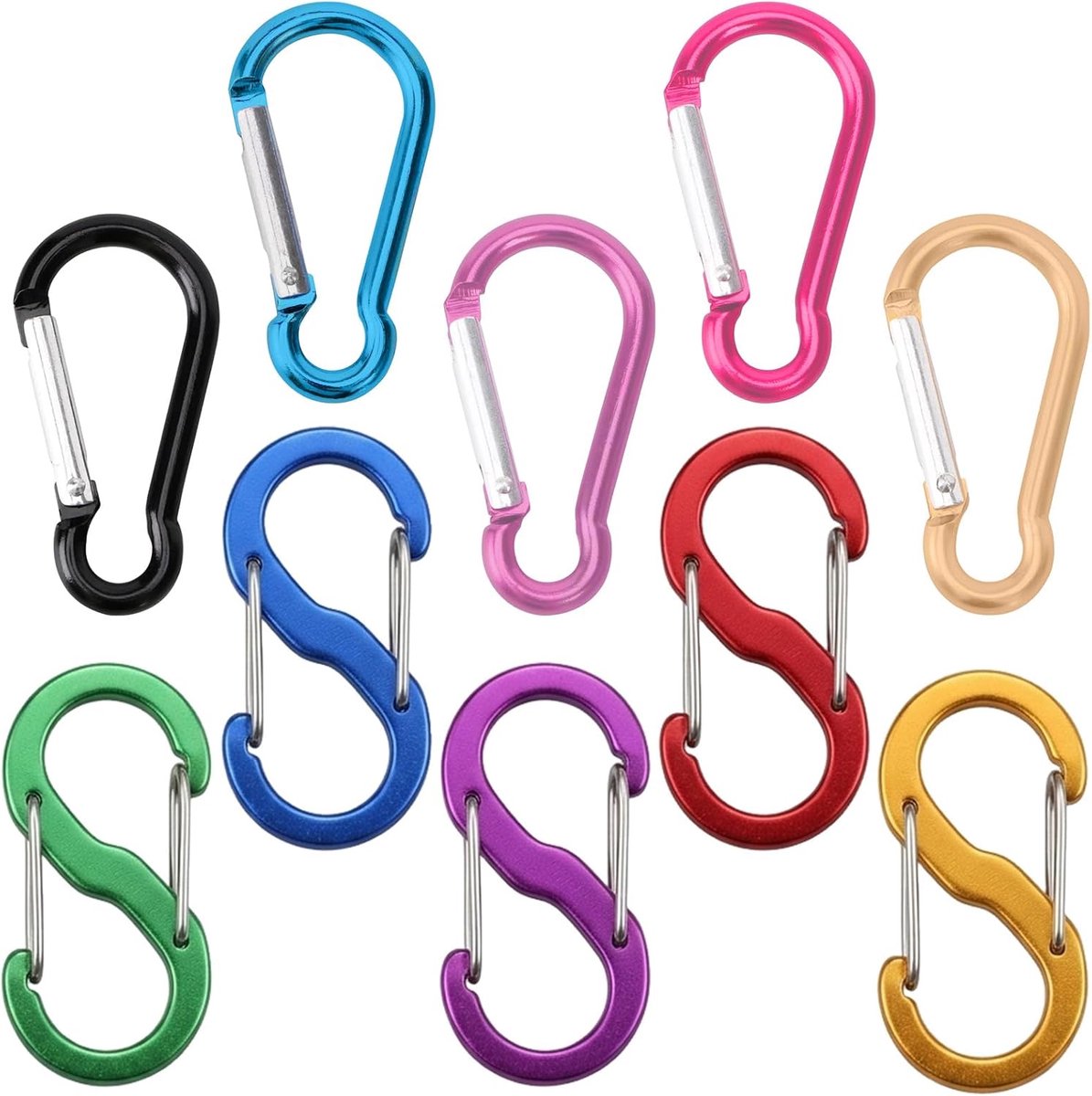Wandelkarabijnhaken set - 10 stuks - 5 S-vormige en 5 drinkvormen - ideaal voor klimmen en kamperen - ShopVlot