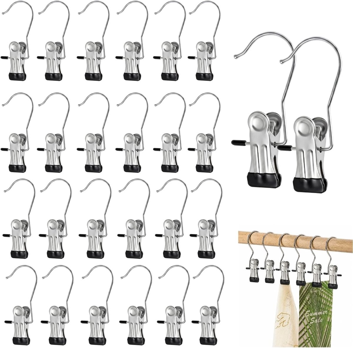 Metalen knijpers set van 32 stuks, 360° draaibare laarsklemmen, roestvrij staal, antislip kleerhangerclips voor kleding en wasgoed, zwart en duurzaam