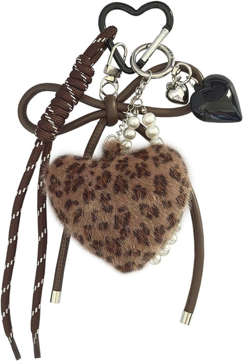 Sleutelhanger luipaardhart - gevlochten touw - pluche met hartvormige hanger - schattige accessoire voor handtassen - ShopVlot