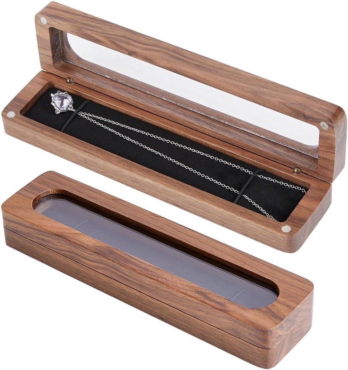 Kettingdoos 20x5x3cm - Walnotenhout - Transparant deksel - Elegant sieradenopbergmeubel - ShopVlot