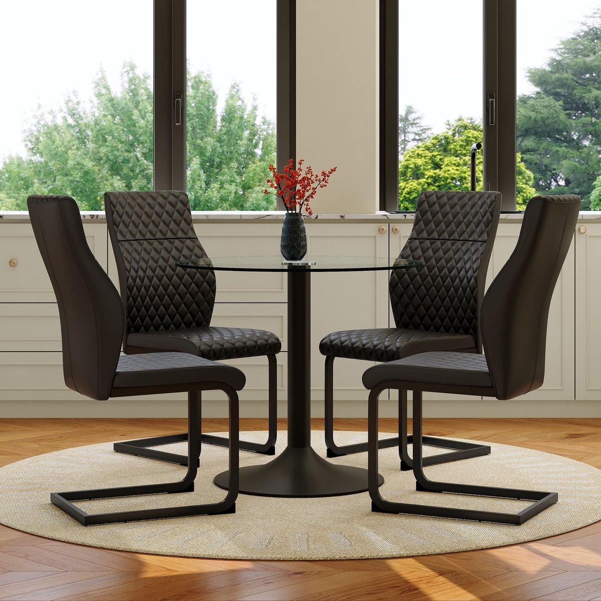 COVREO Set tafel en stoelen 85x85x100 cm zwart, glas en PU, 4 stoelen