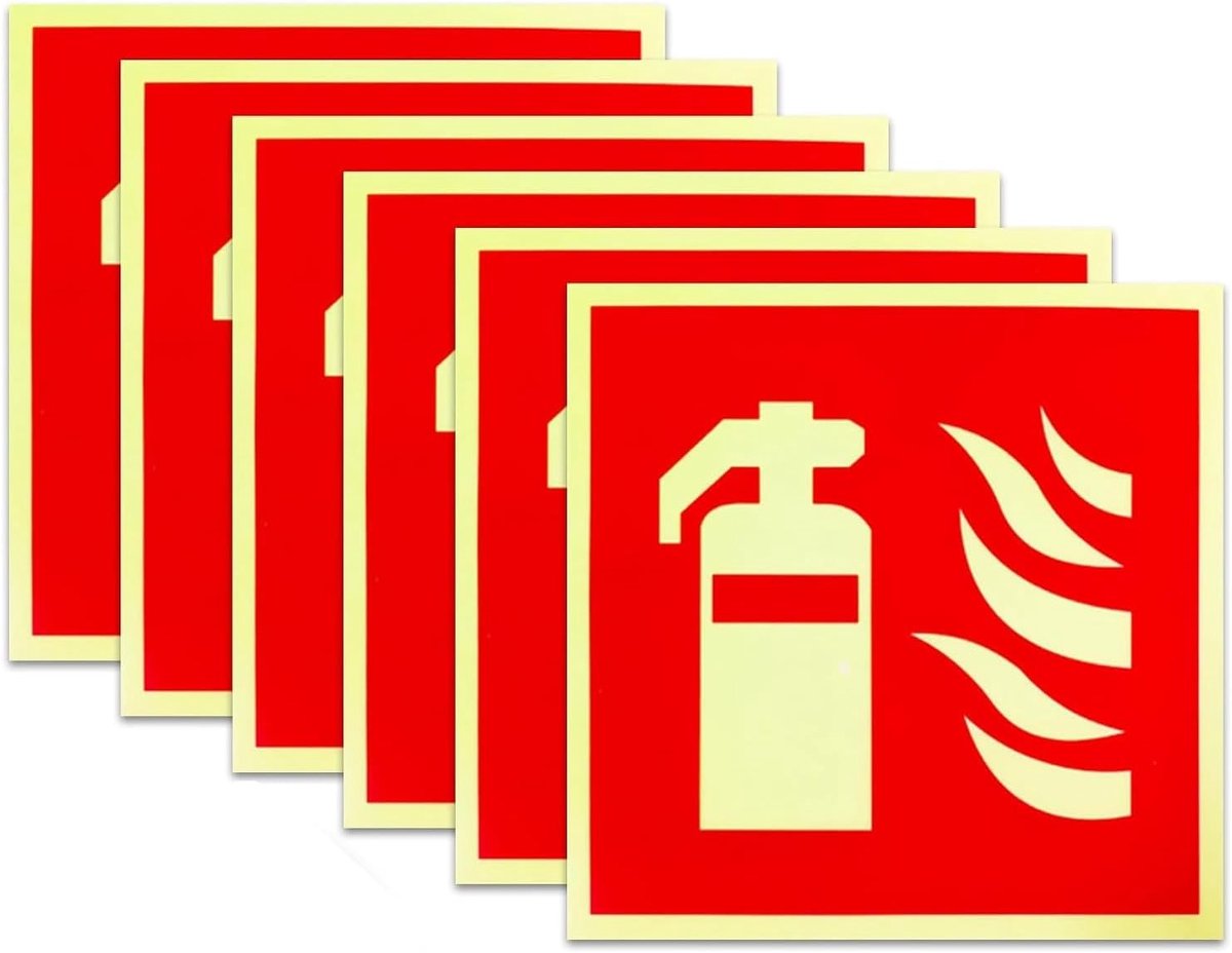 6-stuks brandblusser 15x15cm fotoluminescente zelfklevende brandbeveiligingsbordsticker, ontsnappingsrouteborden - ShopVlot
