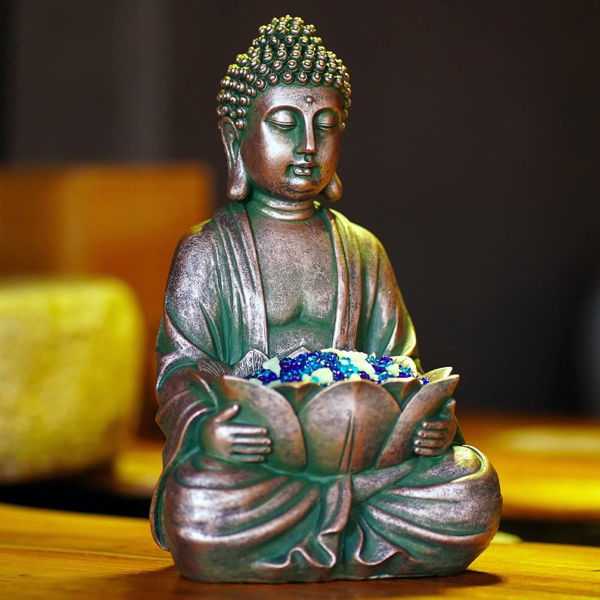 30cm meditation Buddha figure with lotus pebbles & glassstone copper - ShopVlot