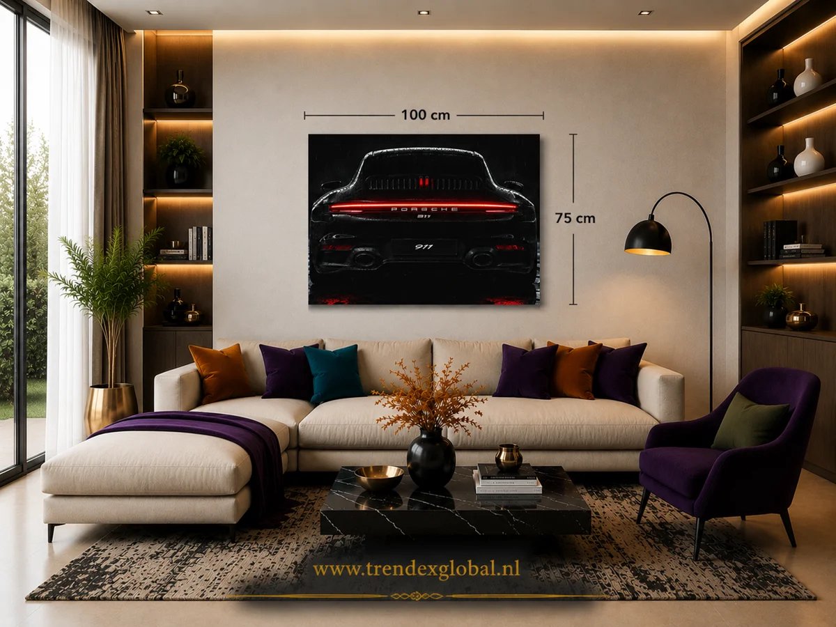 Canvas Schilderij Auto - Porsche 911 - Zwarte Wanddecoratie - 100x75 cm