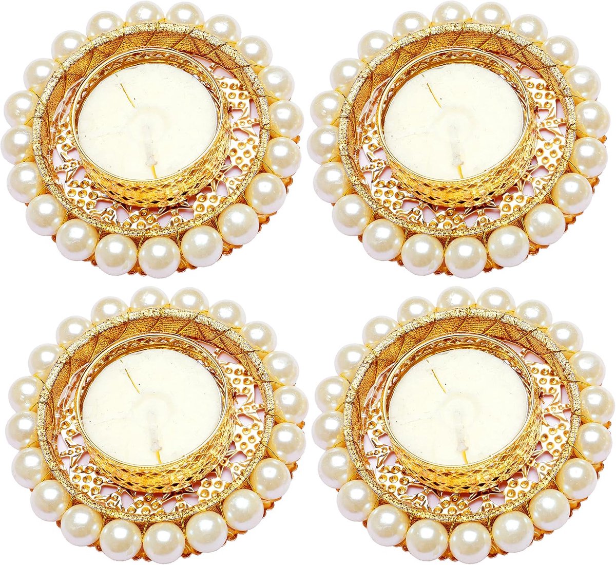 Set of 4 Pearl Moti Design T Light Holder Candle Stand Tealight T-Light Holder for Indian Traditional Festival - ShopVlot