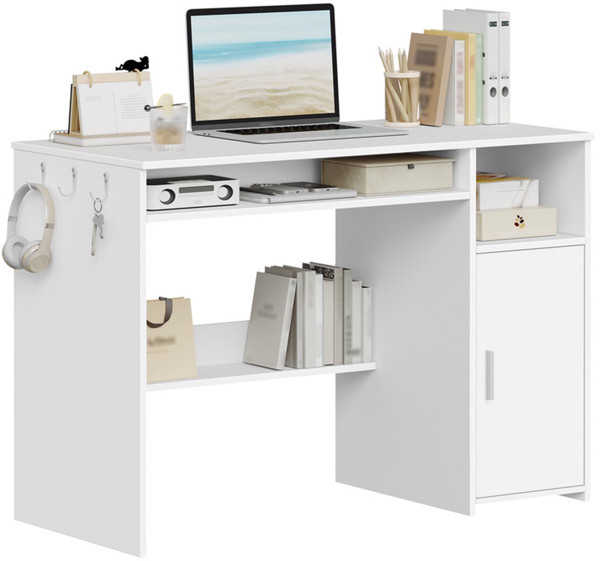 Hzuaneri bureau 108 x 50 cm, wit, met 1 deur – minimalistisch, stevig. Voor kantoor, studeerkamer of slaapkamer. 108 x 50 cm, wit