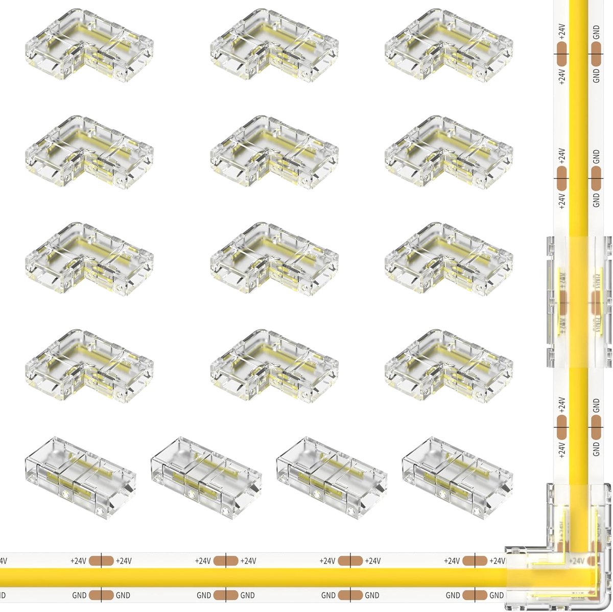 OULARA 8 mm Wide Solder-free Connector Set, Plug Connection Set for 2 Pin LED Strips, 4 Transparent Center Connectors - ShopVlot