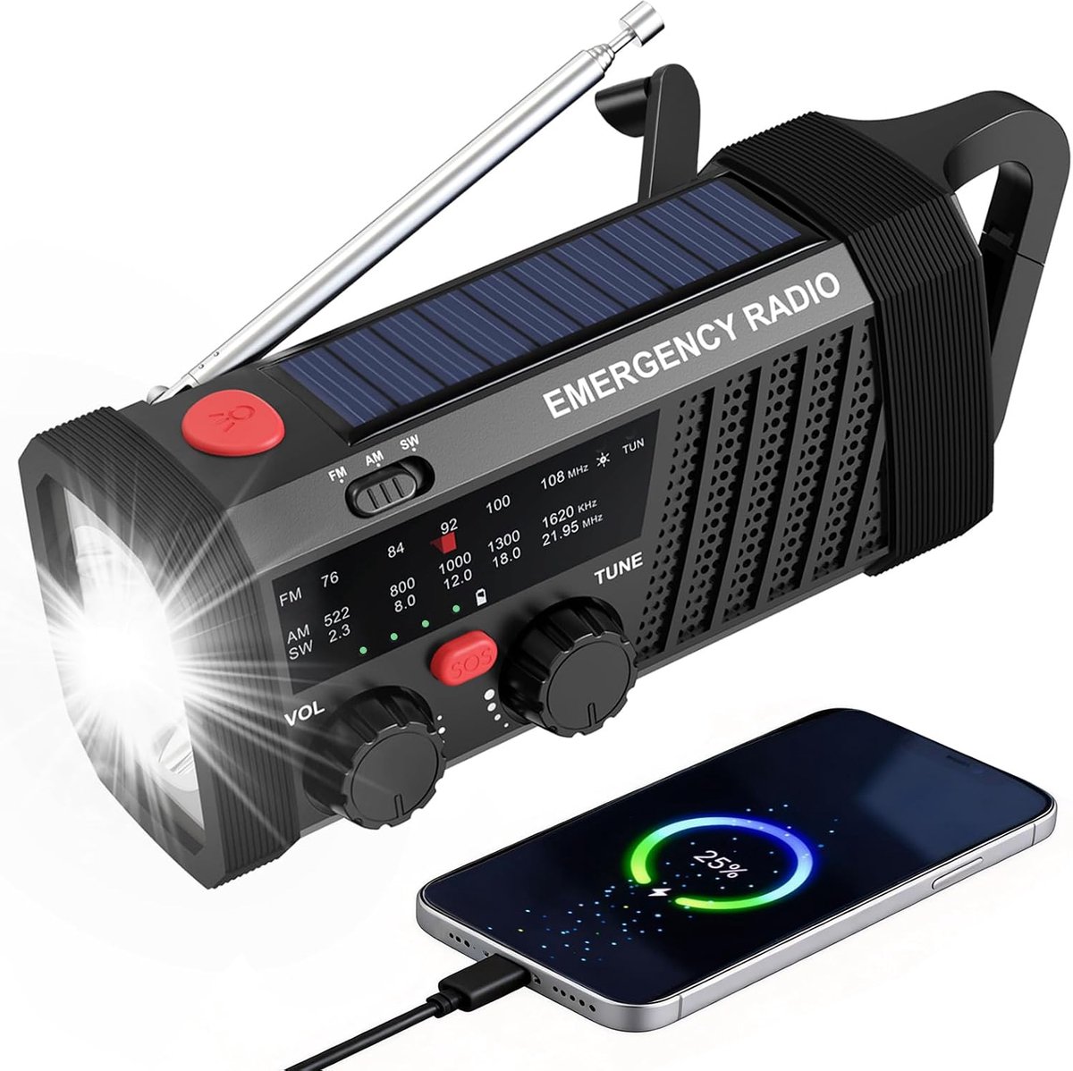 Wind Up zonne-radio, noodradio, AM/FM draagbare handslinger, 7400mWh oplaadbare powerbank, LED-zaklamp, SOS-alarm - ShopVlot