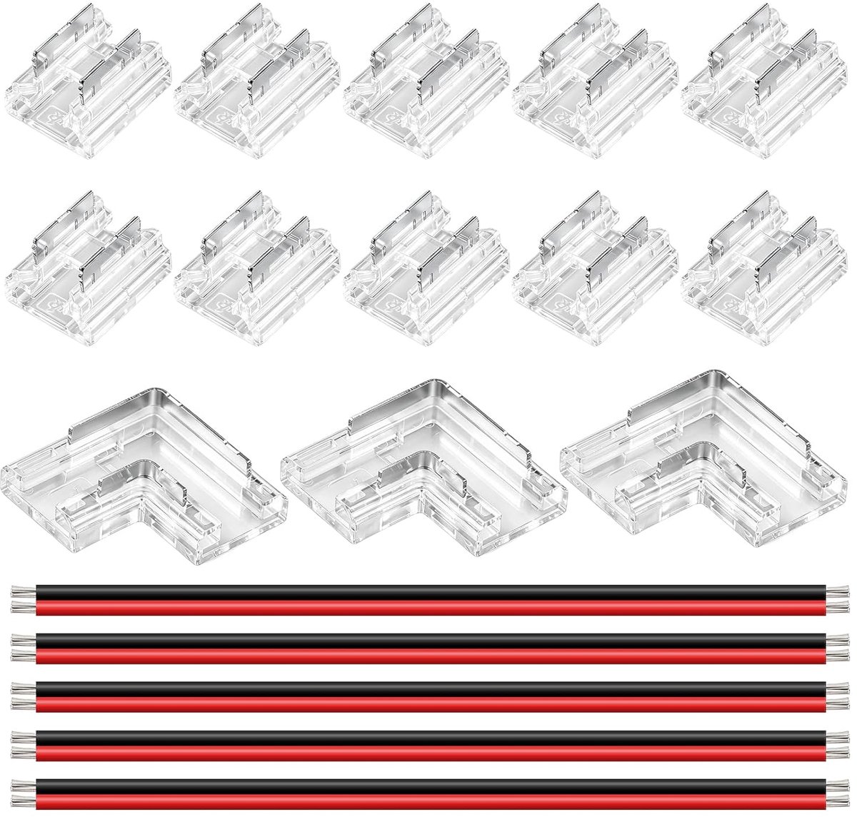 Connectorset COB ledstrip, 2-polig, 8 mm breedte, 10 transparante connectoren, zonder afstand, 3 stekkers, L-vorm - ShopVlot