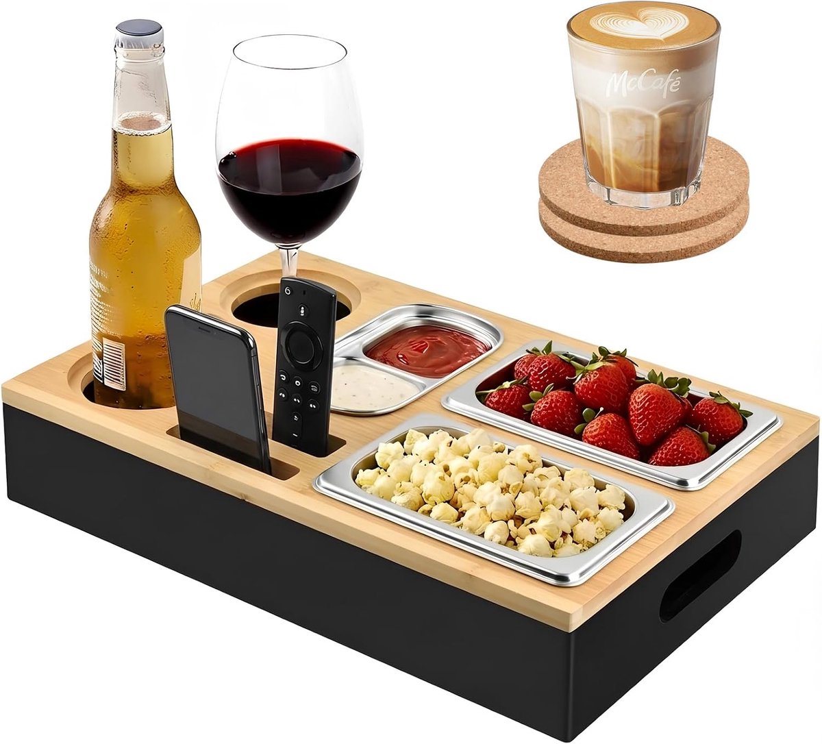 Opbergdienblad voor bank en bed, tafel voor snacks en dranken, flessenhouder, snackbox, ideaal voor thuis en feestjes - ShopVlot
