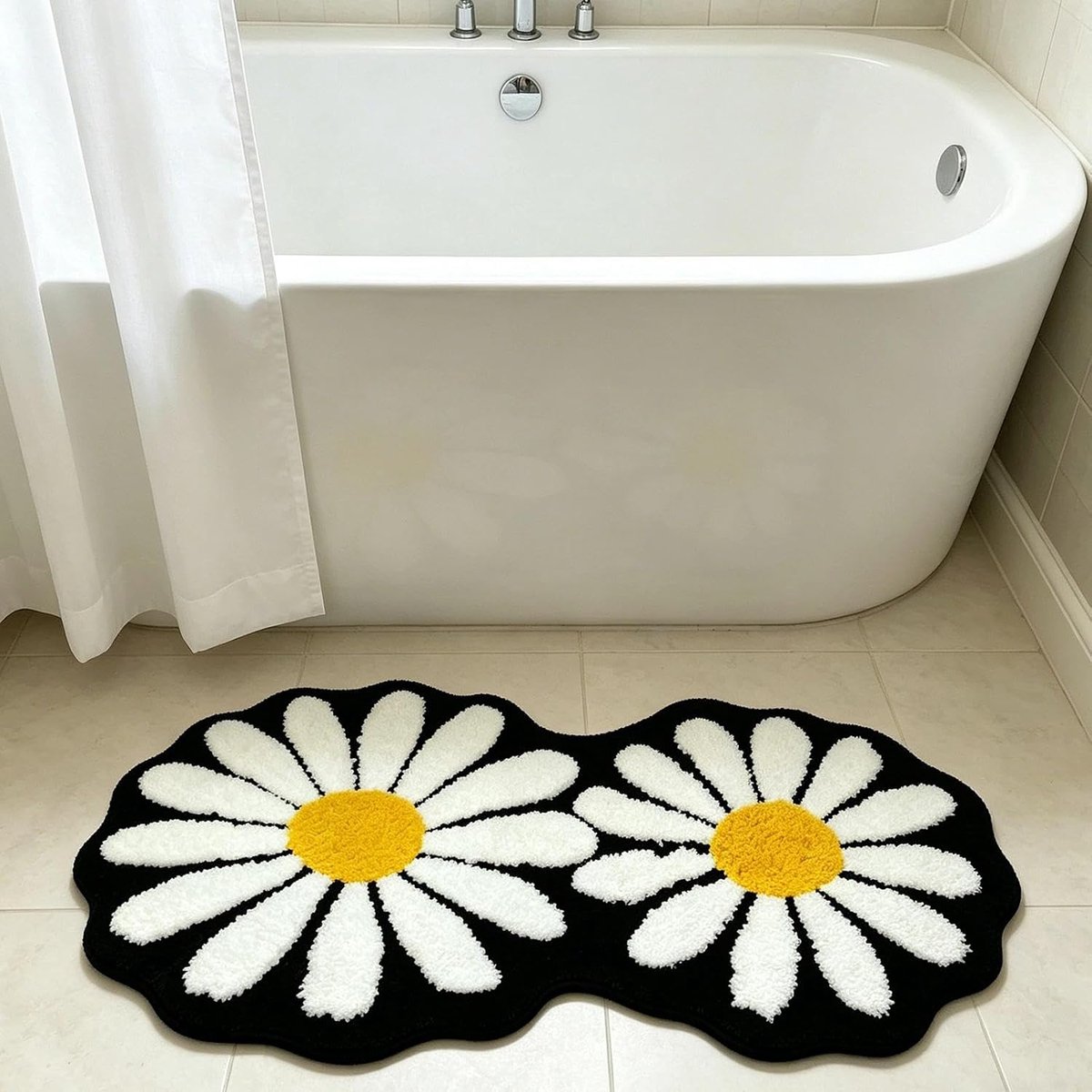 Zwart-Witte Madeliefjes Badmat Antislip - Zachte Microvezel Absorberende Badkamermat met Sneldrogende Bloemenprint en - ShopVlot