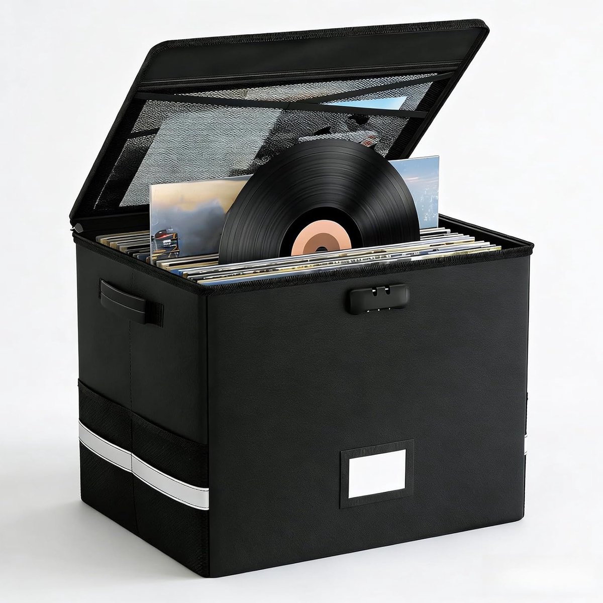 Fire retardant record box with lock, large capacity, foldable and includes name plate. Perfect for rare album - ShopVlot