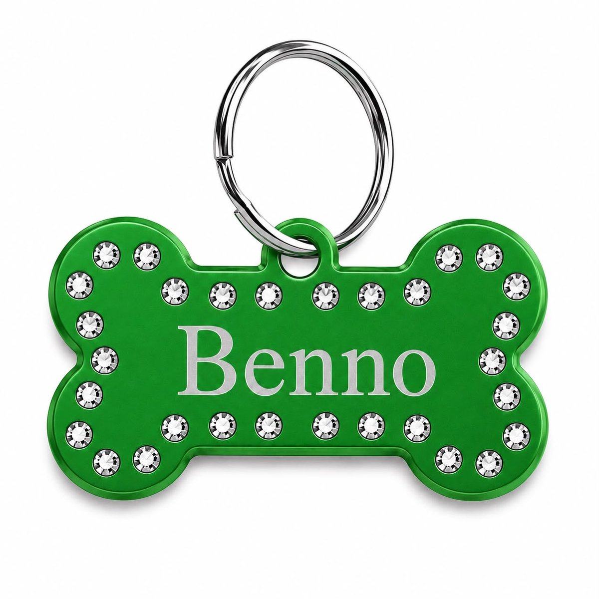Luxe Hondenpenning Botje met Strass | Groen | Inclusief Graveren | Hondenbotje met Strass | Aluminium Hondenpenning | Petshop Seven®