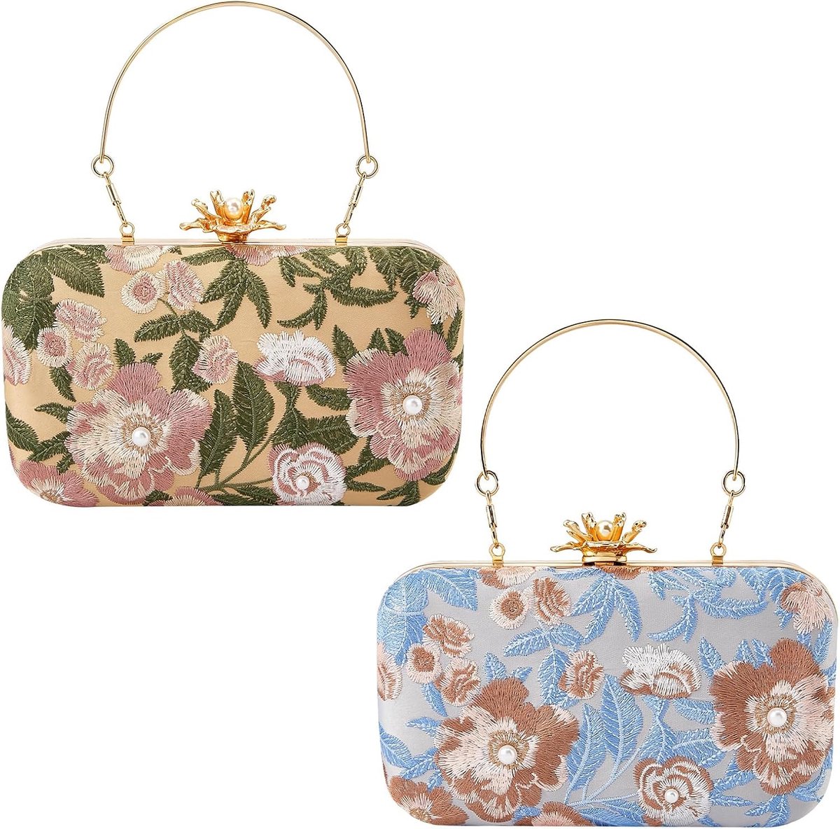 2 stuks clutch tassen voor vrouwen, vintage ketting avondtas, bloemen geborduurde clutch portemonnee, geplooide - ShopVlot