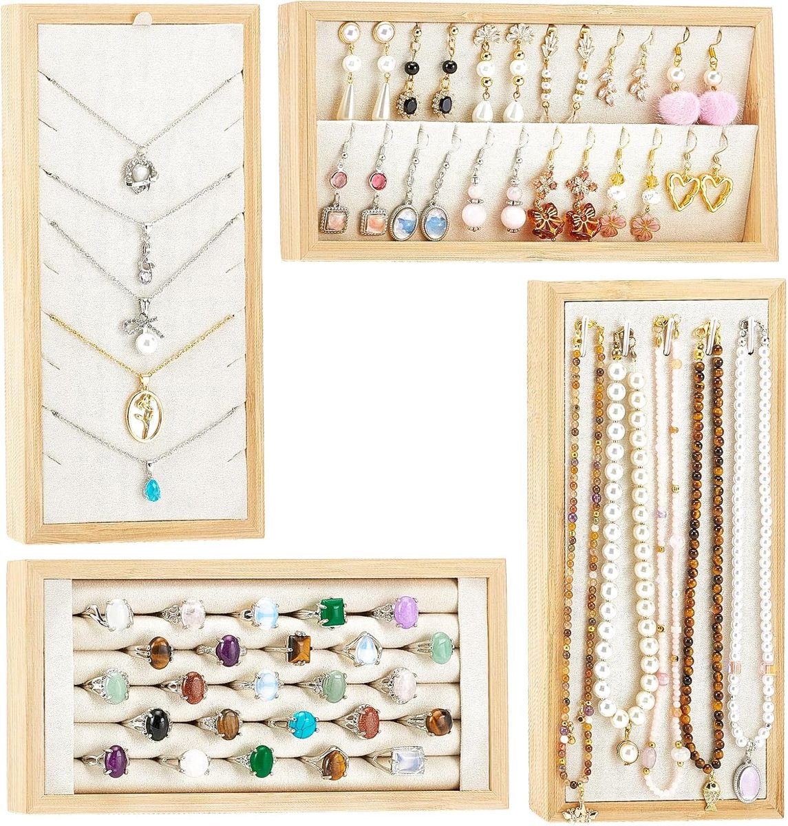 4 stuks houten sieraden organizer lade set, 4 stijlen sieraden opslag lade voor lade, oorbel ring ketting armband - ShopVlot