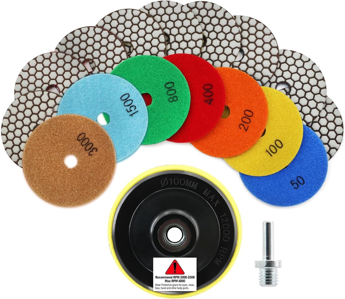 Diamond Polishing Wheel LEKOMESH - 7 Pieces 100 mm (#50/100/200/400/800/1500/3000) with Hook & Loop Holder for Dry - ShopVlot