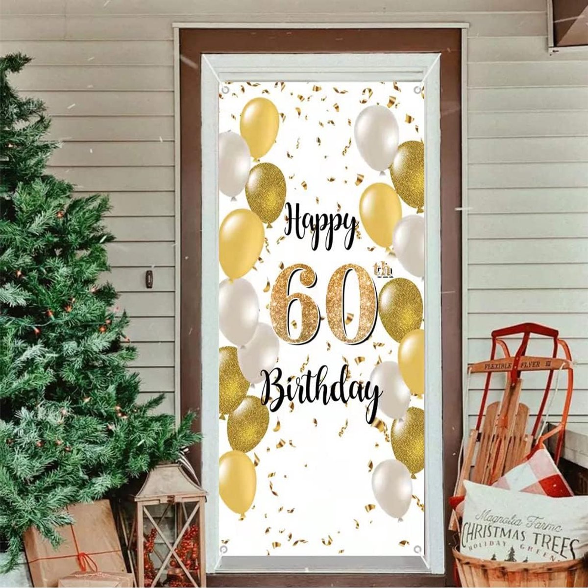 60th birthday decoration background white and gold door decoration banner fabric shield 60th birthday party welcome - ShopVlot