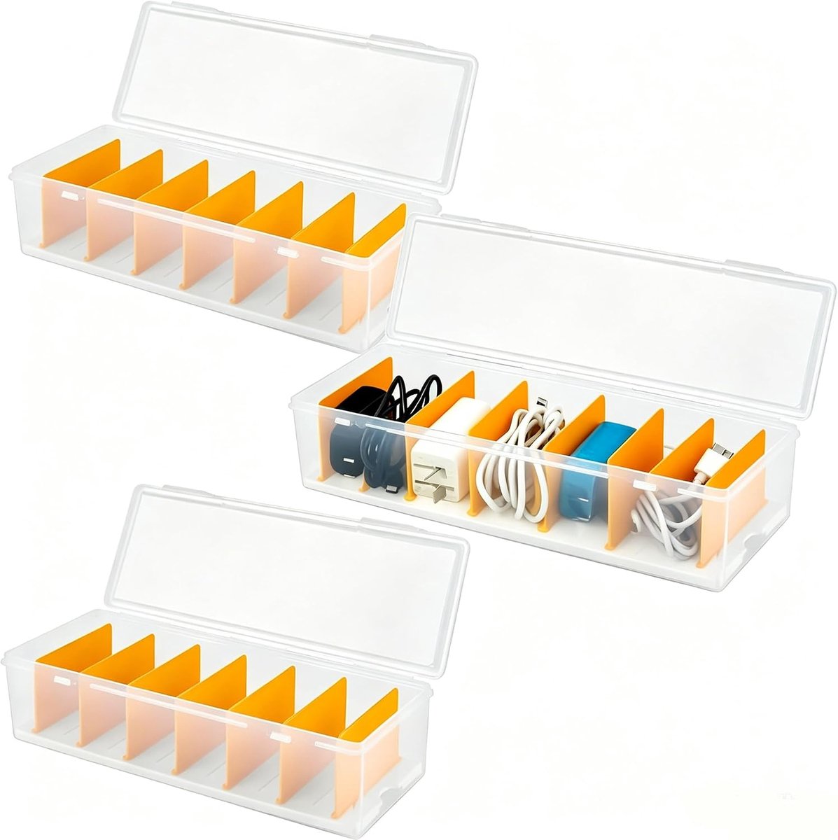3 stuks kabel-organizerbox, kabelopbergdoos, transparant, oplaadkabel organizer met verstelbare scheidingswanden voor - ShopVlot