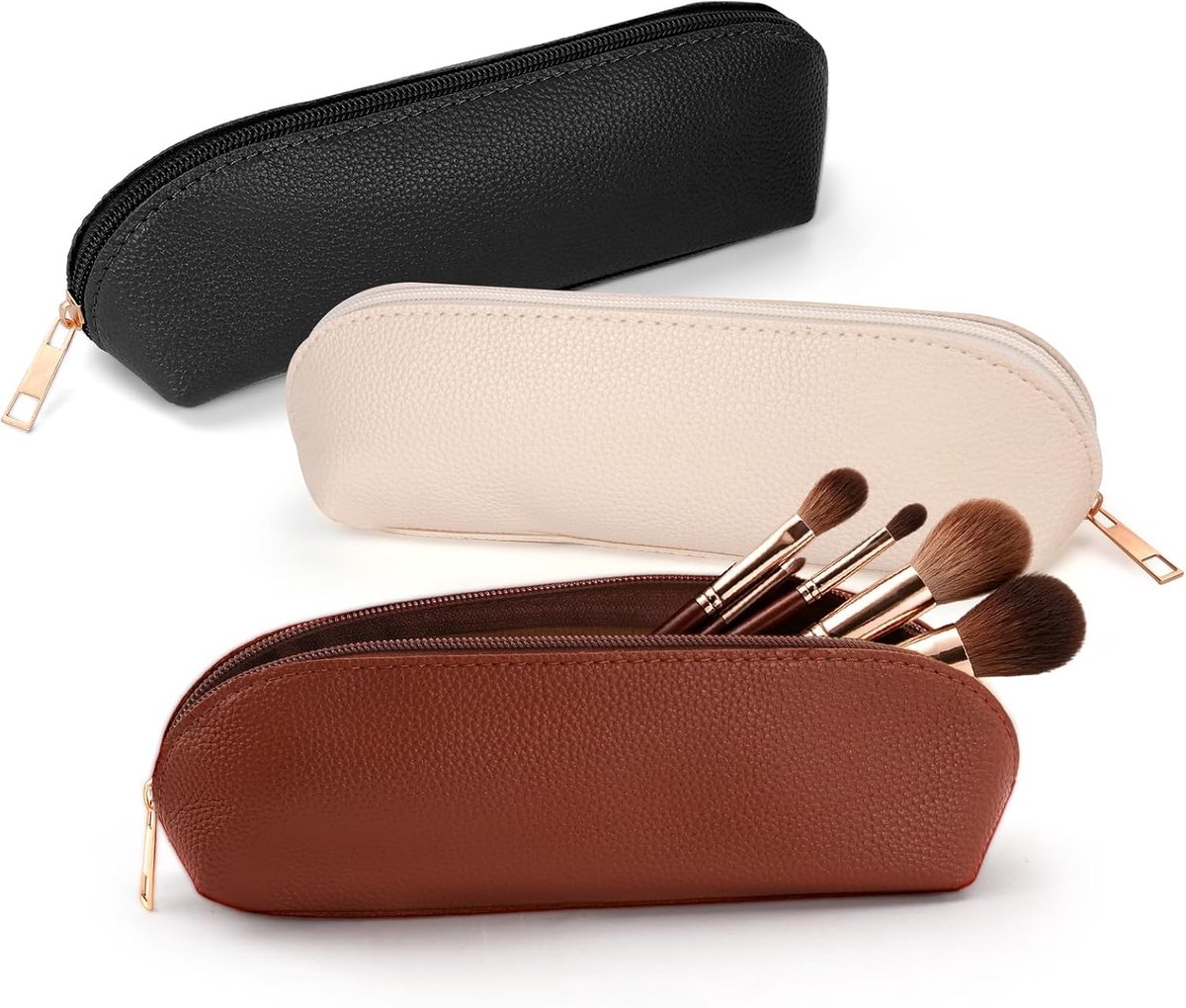3 stuks penseeltas make-up reizen, cosmeticatas, klein, transparant, make-up kwast tas leer, etui met ritssluiting - ShopVlot