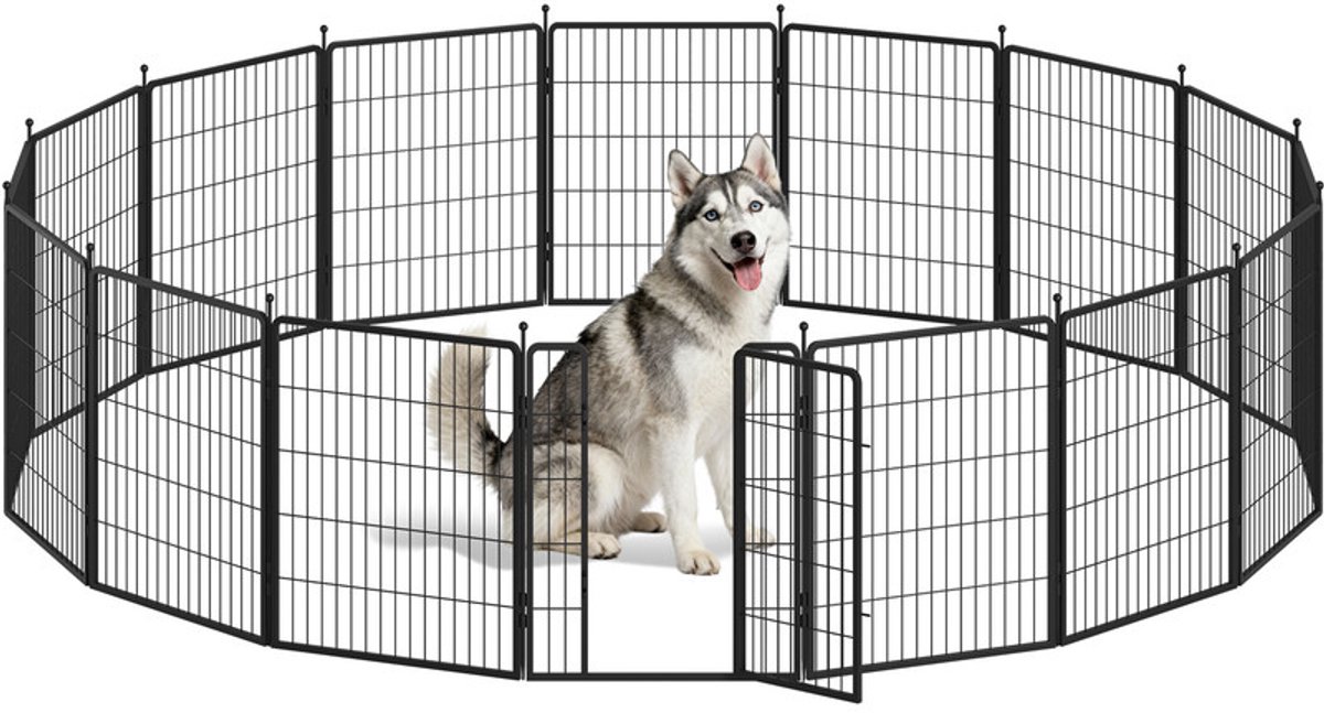 HILINSIE Puppyren Metalen Hondenbox, 80 cm Hoog, 16 Panelen, Zwart，Draagbare Afneembare Box, Geschikt voor Binnen en Buiten, Twee Deursloten