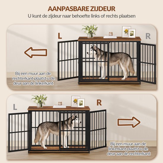 Illustratie van de verstelbare zijdeur van een hondenbench, met opties voor links en rechts.
