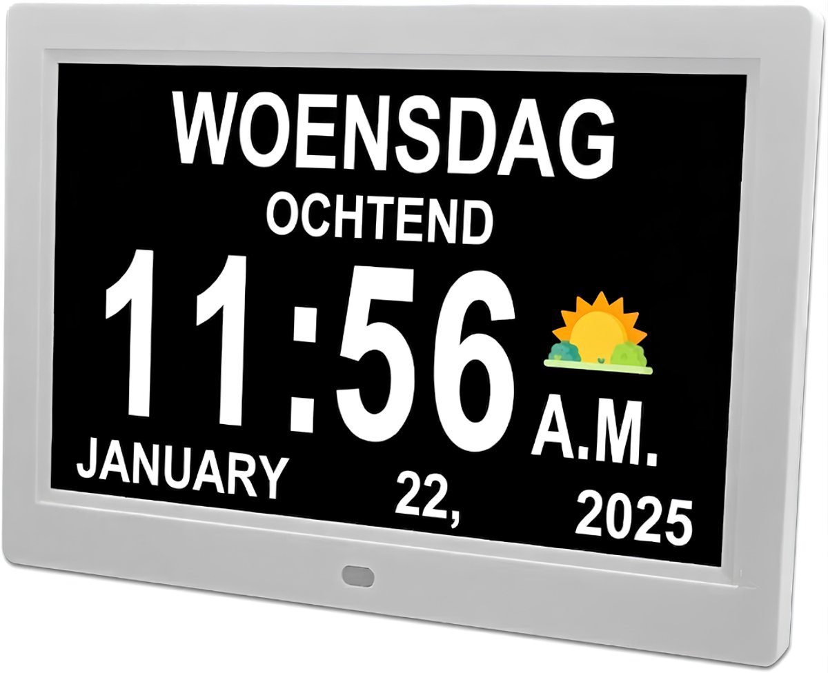 VALI® Dementieklok - Automatische Dimfunctie - 7 inch Digitale LCD Klok - Wit - 25cm x 18cm x 3cm