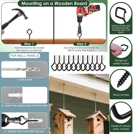 35 Pcs Stainless Steel Screw Hooks, Black, Screw Hooks, Fuse Wall Hooks with Metal Sleeve for Plants, Flower Pots - ShopVlot — afbeelding 4