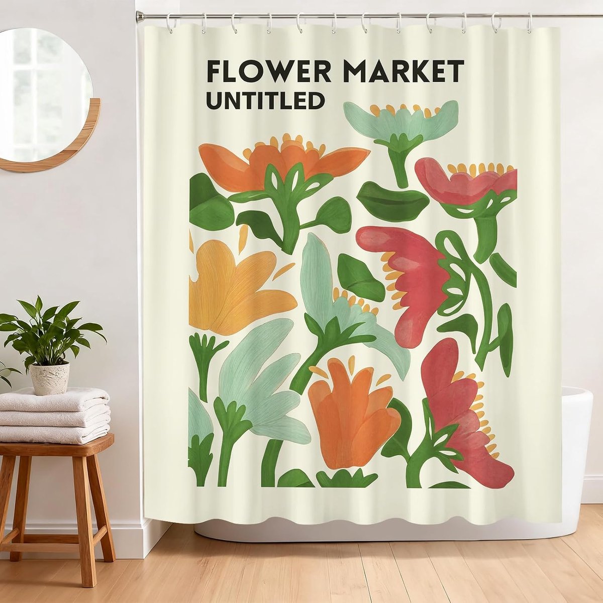 Douchegordijn met bloemenprint, waterdicht polyester, badgordijn voor badkamer met 12 haken, 180 x 180 cm - ShopVlot