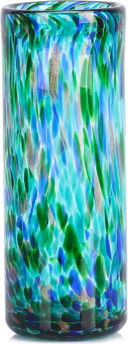 24cm Tall Teal Vase Hand Blown Glass Vase Green, Modern Teal Table Pieces Wide Mouth Vases for Bud&Flower Decor - ShopVlot