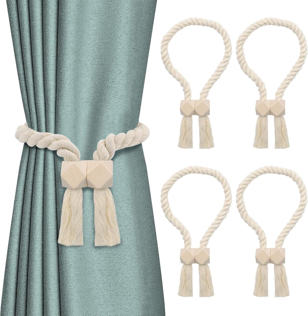 Set of 4 Cream White Linen Cotton Magnetic Curtain Tie Backs (15×10×3cm, 60g) - ShopVlot